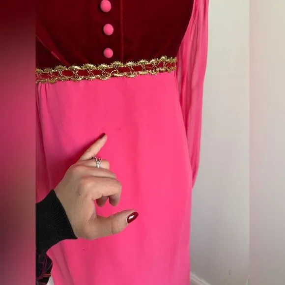 1970s Fuchsia Pink and Red Velvet Holiday Cottagecore Maxi Dress - Picture 6 of 15